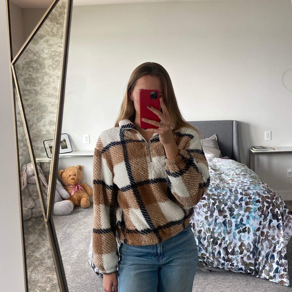 Quarters zip plaid fuzzy Sherpa